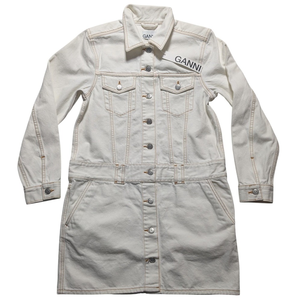 Ganni Organic Cotton Denim Mini Shirt Dress Bright White Size 40 US 8 M/L NEW